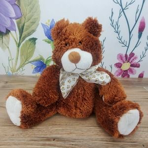 12" Ms Teddy Bear Inc. Plush Brown Pawprint Bow